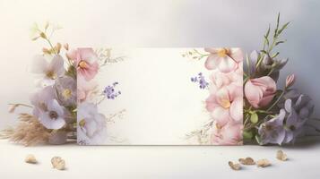 top view of blank Weeding card mockup with flowers, weeding card mockup photo