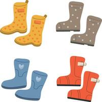 Vector set of rubber boots, different shapes and colors, isolated on a white background