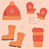 invierno accesorios conjunto con café taza, mitones, botas y sombrero vector