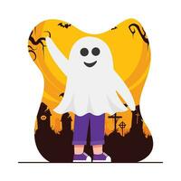 Halloween vector illustration. Cute little boy in costume of ghost. Flat style design.