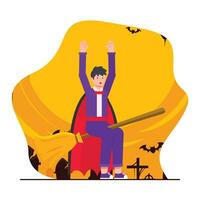 Happy Halloween party concept. Vector illustration in flat cartoon style. Young man in halloween costume.