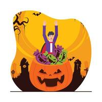 Halloween party vector illustration. Cartoon happy man in halloween costume with pumpkins.