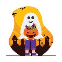 Víspera de Todos los Santos vector ilustración. linda pequeño niña con un calabaza en el antecedentes de el cementerio.