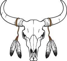 Native American Bull or Cow Skull with Feathers Vector Illustration