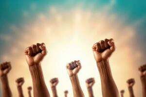 Raised hands on abstract background. Human rights and freedom concept. photo