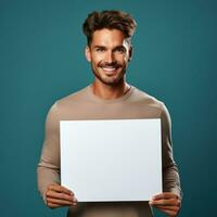 Handsome young man holding a blank sheet of paper photo