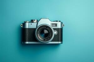 Vintage film camera on blue background. Top view with copy space photo