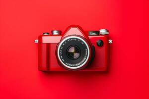 Retro camera isolated on red background. Flat lay, top view photo