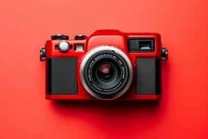 Retro camera isolated on red background. Flat lay, top view photo