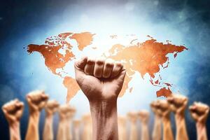 Raised hands on abstract background. Human rights and freedom concept. photo