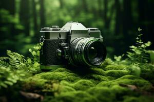 Green camera on grass with nature bokeh background. Nature concept. photo