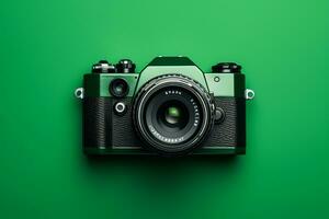 Retro camera on a green background, top view, flat lay photo