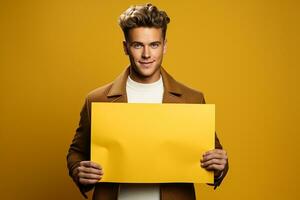 Handsome young man holding a blank sheet of paper photo