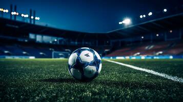 Soccer ball on green grass of football stadium at night with lights photo