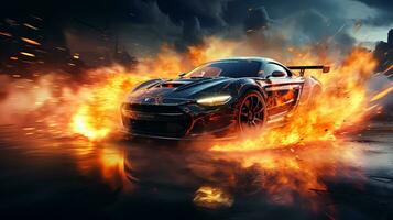 Burning sports car on the road photo