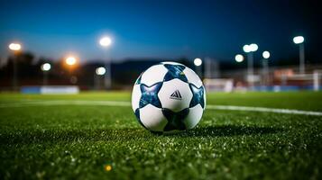 Soccer ball on green grass of football stadium at night with lights photo