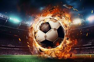 Soccer ball in fire flames on the background of the stadium. photo