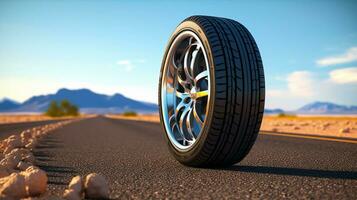 car wheel on asphalt road in the forest. photo