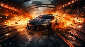 Burning sports car on the road photo
