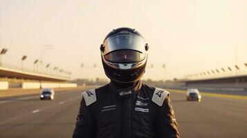 closeup view of young car racer man wear a helmet and stand in road photo