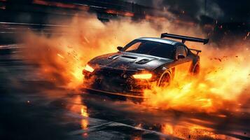 Burning sport car with fire flames on the background photo