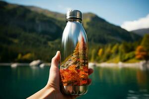 hembra mano participación un botella de agua en el antecedentes de montañas y lago foto