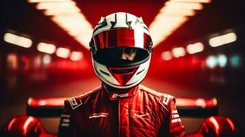 Young man in red racing suit and helmet on the race track. photo