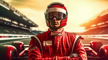 Close up of racing driver against race track with red lights photo