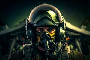 Portrait of a pilot in a helmet and gas mask against the background of an airplane photo