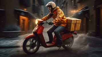 Delivery man on scooter with boxes in the city. Delivery service concept. photo