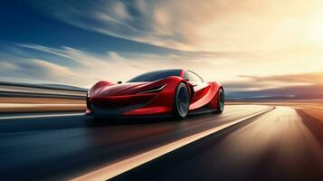 Red sport car on the road with motion blur effect photo