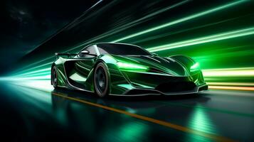 Fast drive green luxury sport car moving high speed on the road race track with motion blur effect photo