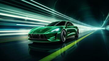 Fast drive green luxury sport car moving high speed on the road race track with motion blur effect photo