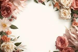 Beautiful floral frame on white background, flat lay. Space for text photo