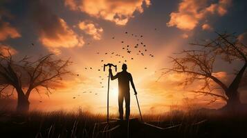 Silhouette of a man with crutches against the sunset photo