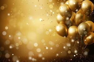 Golden balloons with golden bokeh background, birthday celebration background photo