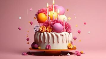 Birthday cake with burning candles and colorful balloons on wooden table, closeup photo