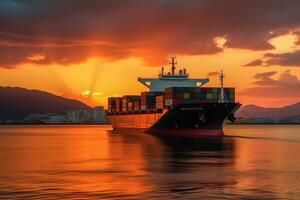 Container ship in the port at sunset. Freight transportation and logistics concept. photo