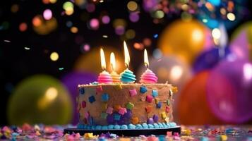 Birthday cake with burning candles and colorful balloons on wooden table, closeup photo