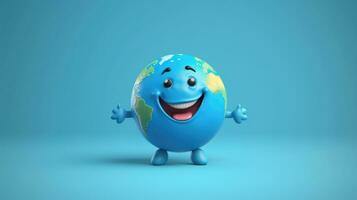 Earth character with smile isolated on blue background, Earth Day photo