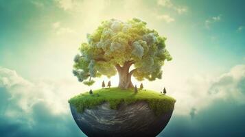 Eco concept with green planet and trees, world ozone day photo