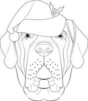 Christmas greeting card for coloring. English Mastiff dog with Santa's hat vector