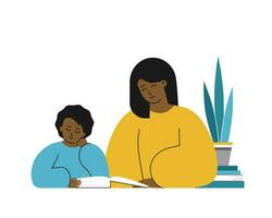 Vector isolated flat concept. African american mother and clever daughter learn alphabet, read book with  fairy tales together. Homeschooling in quarantine time, doing homework with help of parents