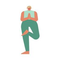 Vector isolated concept with flat female character. Caucasian blonde woman learns relaxing posture and does Half Lotus Tree Pose at yoga class. Basic exercise for beginners - Ardha Padma Vrksasana