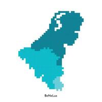 Vector isolated illustration. Simplified political map of states of Benelux Union Belgium, Netherlands, Luxembourg. Colorful blue shapes in pixel style are template for nft art. White background