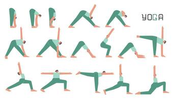 Vector flat isolated concept collection with female character doing yoga. Caucasian woman learns stretching postures with bend. Set of sports balance exercise for beginners