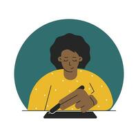 Vector isolated flat illustration. African American designer female draws illustration on graphics tablet, uses stylus, sits at table. Woman is learning new skills and improving professionalism