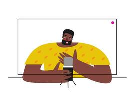 Vector flat illustration with computer monitor and adult African American man recording video on webcam. Remote work by blogger, coach, podcast host, tutor using online stream services and microphone