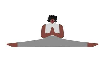 Vector isolated concept with flat female character. Strong african american woman learns stretching posture and does Side Split at yoga class. Basic exercise for beginners - Samakonasana