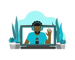 Vector flat concept with laptop and african american man on screen at home recording video on webcam. Remote work by bloggers, podcast hosts, teachers using online stream servises in quarantine time